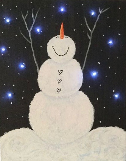 423x538 Sip And Paint Evening Snowman Lit Up Canvas Bella Ceramica Studio - Snowman Painting
