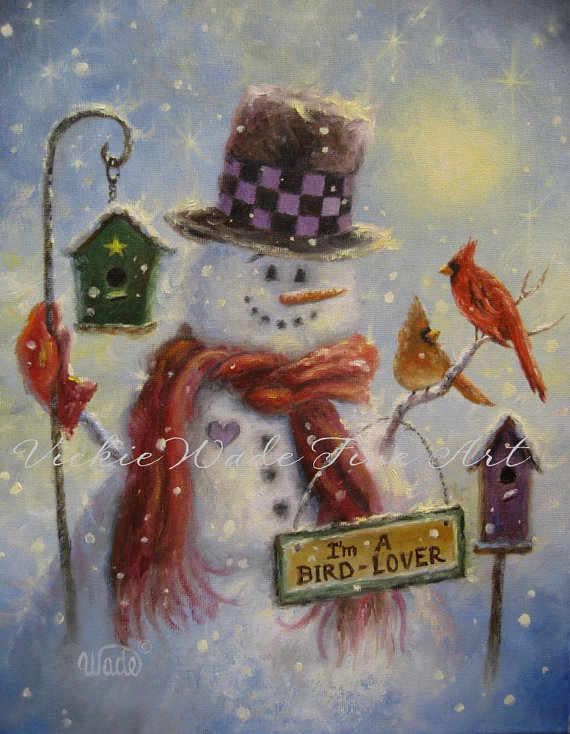 570x734 Snowman Art Print Birds Bird Lover Gift Snowman Paintings - Snowman Painting