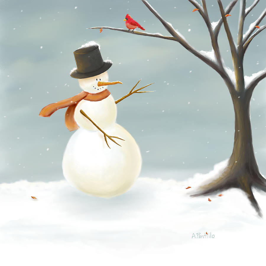 900x900 Christmas Snowman Painting Digital Art By Andrea Pontillo - Snowman Painting