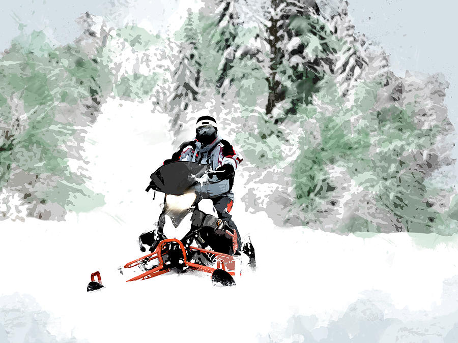 900x675 Snowmobile In Backwoods Snow Painting By Elaine Plesser - Snowmobile Painting