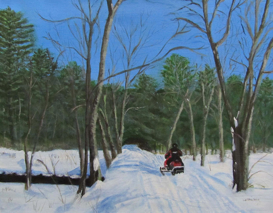 900x704 Snowmobile On Trail Painting By Linda Feinberg - Snowmobile Painting