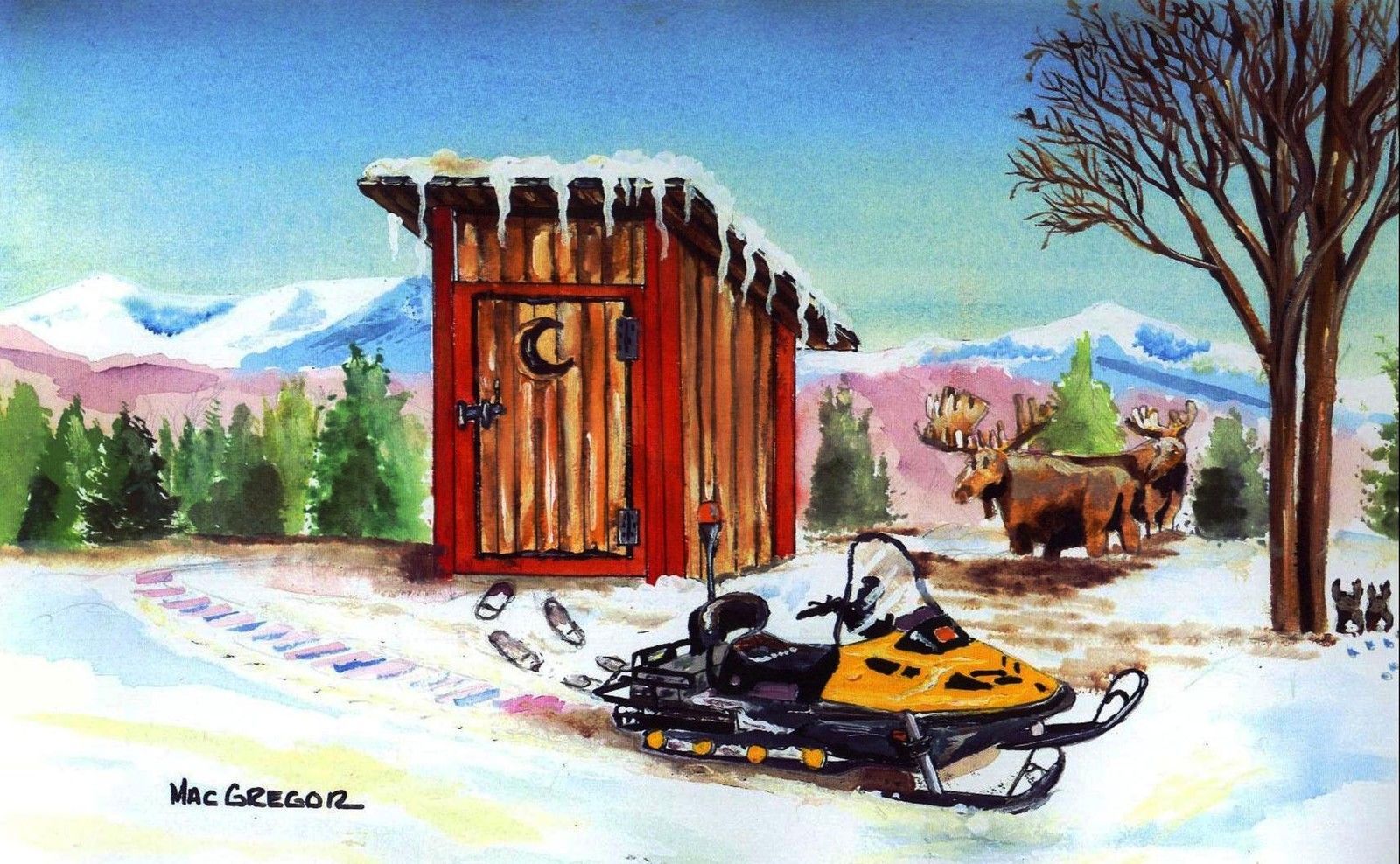 1600x988 Snowmobile Outhouse Art Print Ski Doo Polaris Snow Ice Moose - Snowmobile Painting