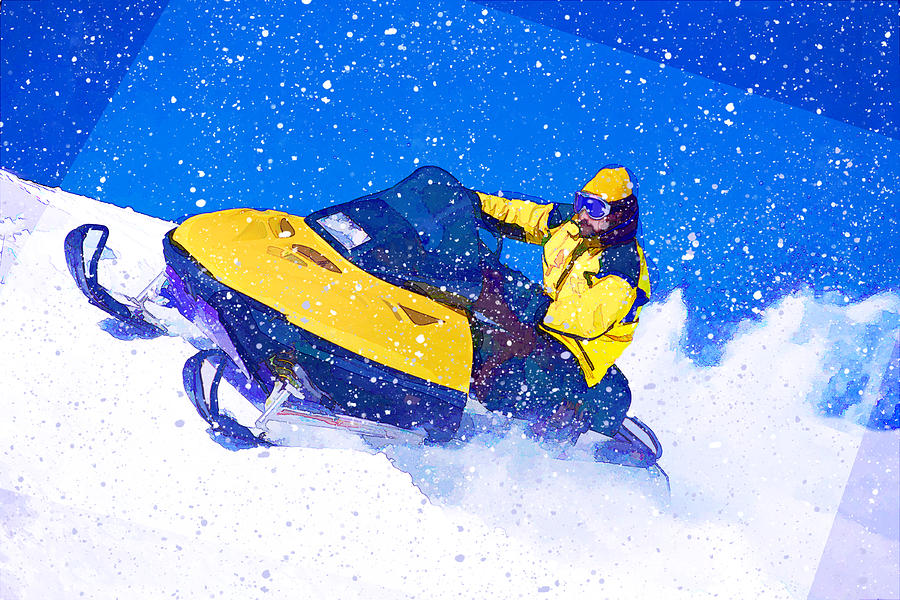 900x600 Yellow Snowmobile In Blizzard Painting By Elaine Plesser - Snowmobile Painting