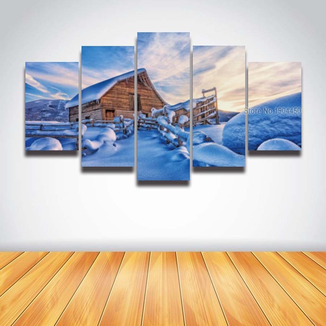 640x640 Printed Snow Log Cabin Landscape Painting On Canvas Modular - Snowscape Painting