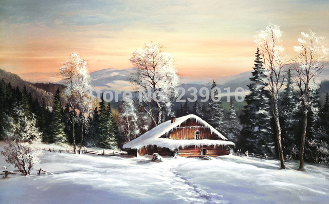 640x398 Free Shipping Wall Art Decoraction Picture Log House Snowscape Oil - Snowscape Painting