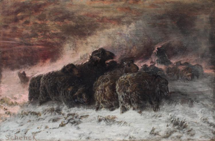 750x492 August Schenck Sheep In A Snowstorm Painting - Snowstorm Painting
