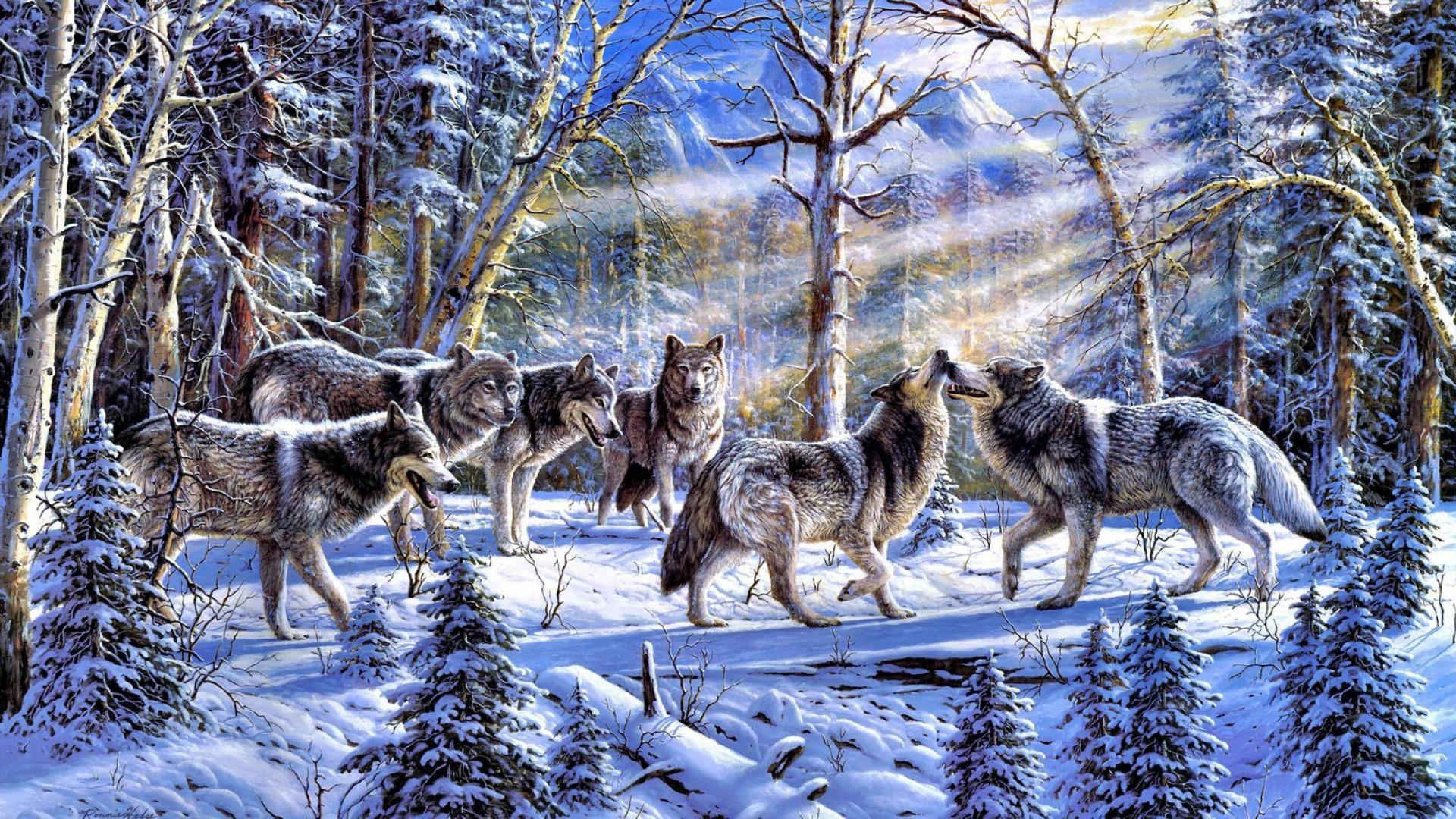 1920x1080 Pack Of Wolves In The Snowy Forest - Snowy Forest Painting