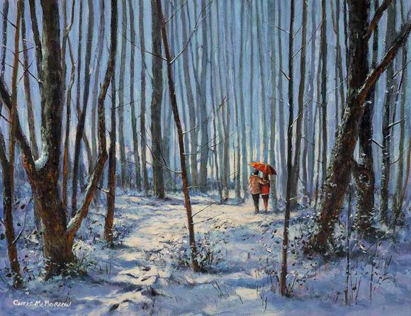 580x446 Painting Print Of Two Lovers Walking In A Winter Forest Wonderland - Snowy Forest Painting