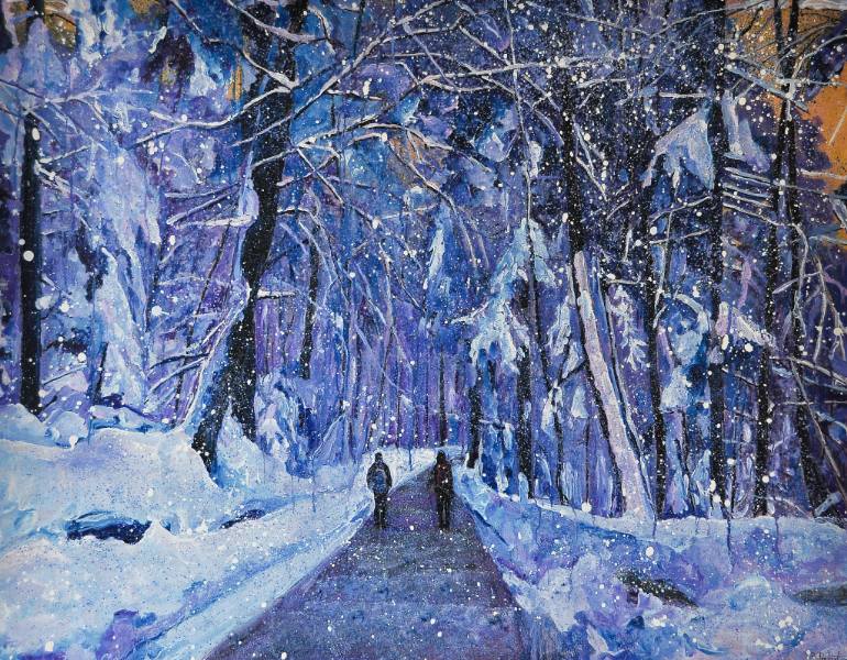 770x600 Saatchi Art Figures Walking On A Snowy Mountain Road Painting By - Snowy Forest Painting