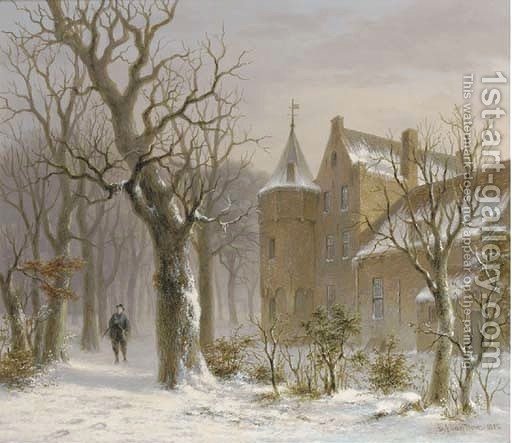512x443 Sportsman In A Snowy Forest By A Castle Bartholomeus Johannes Van - Snowy Forest Painting
