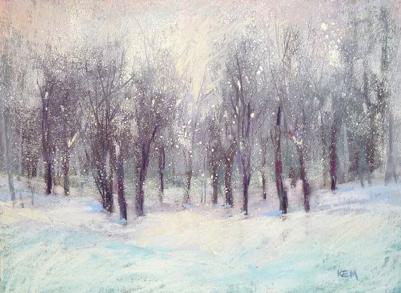 570x417 Winter Snow Landscape Snowy Forest Original Pastel Painting 9x12 - Snowy Forest Painting