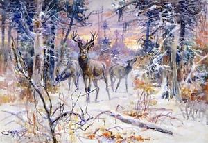 300x206 Charles Russell Deer In A Snowy Forest Painting Repro Ebay - Snowy Forest Painting