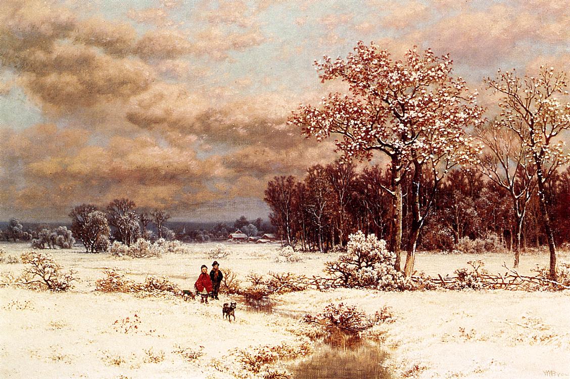 1128x751 Children In A Snowy Landscape Painting William Mason Brown Oil - Snowy Landscape Painting