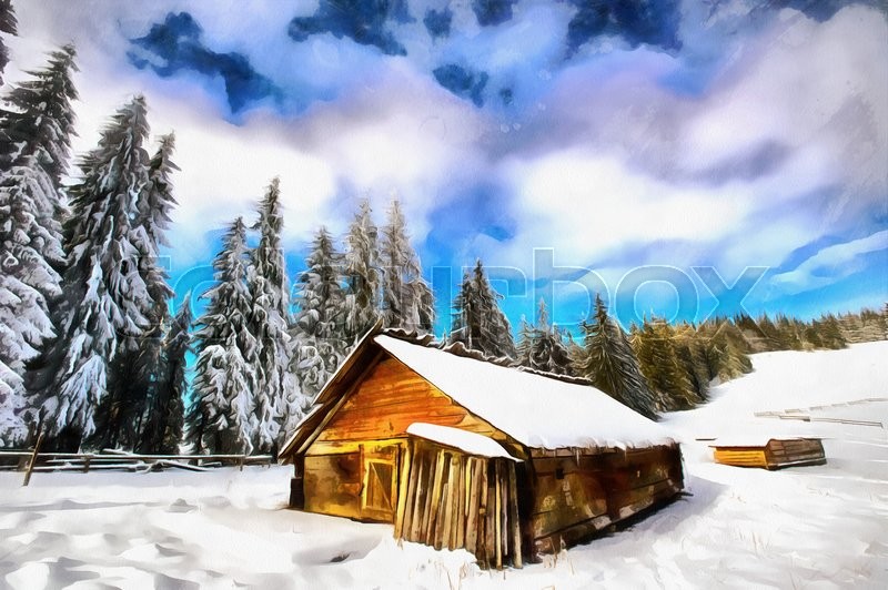 800x532 The Works In The Style Of Watercolor Painting. Cottage In Snowy - Snowy Mountain Painting