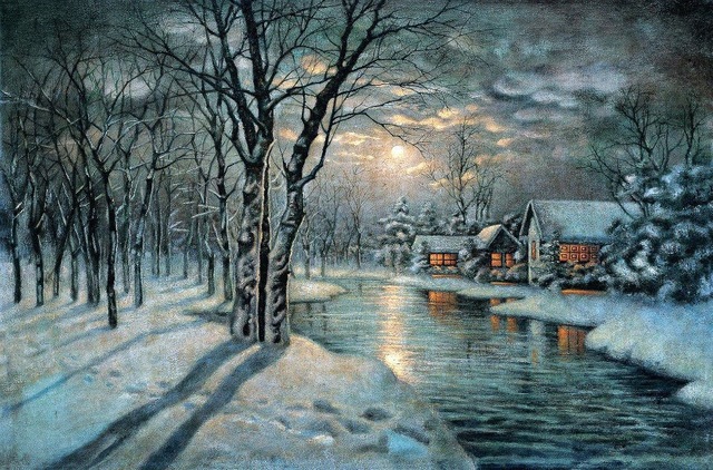 640x422 Oil Painting Snowy Night Landscape With Moon Village River Canvas - Snowy Night Painting