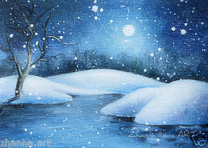 300x214 Original Aceo Art Winter Fantasy Oil Painting Fairy Forest Amp Lake - Snowy Night Painting