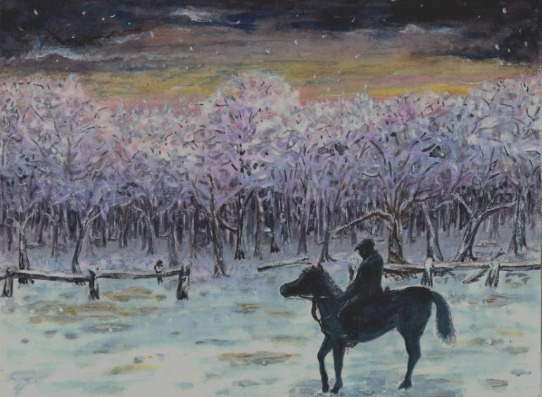 770x564 Saatchi Art Stopping By Woods On A Snowy Evening Painting By - Snowy Night Painting