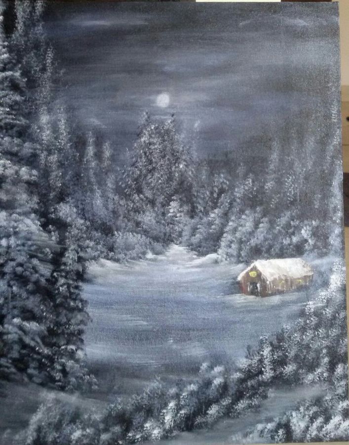 707x900 Snowy Night Painting By Artist Sanjana V - Snowy Night Painting