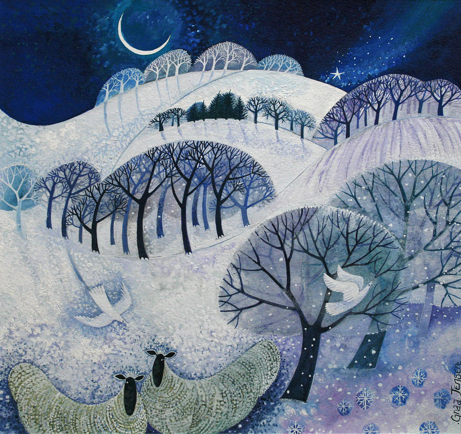 900x848 Snowy Night Painting By Lisa Graa Jensen - Snowy Night Painting