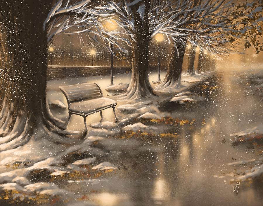 900x703 Snowy Night Painting By Veronica Minozzi - Snowy Night Painting