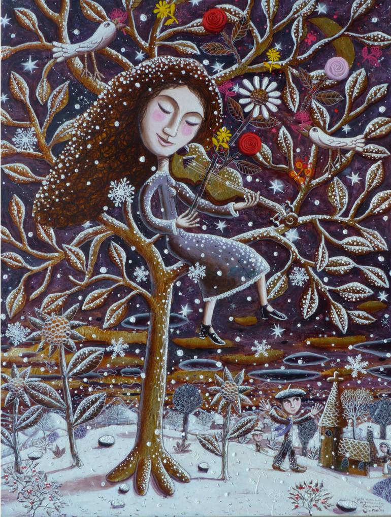 770x1019 Saatchi Art Spring Violonist In A Snowy Tree Painting By Pendelio - Snowy Tree Painting