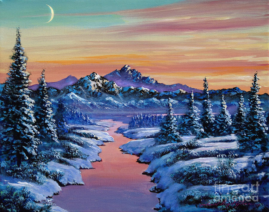 900x708 Snowy Creek Painting By David Lloyd Glover - Snowy Tree Painting