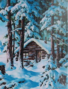 230x300 Cabin In Snowy Woods By C Sutherland Ebay - Snowy Woods Painting