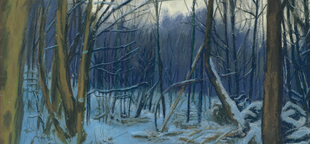 1000x466 Featured Artwork Dusk In The Woods ~ The Creative Cat - Snowy Woods Painting