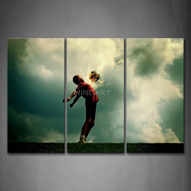 640x640 3 Piece Wall Art Painting A Kid And Soccer Surrounded By Fire - Soccer Canvas Painting