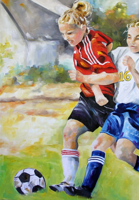 450x648 Sheer Grit Completed Girl Soccer Oil Painting By Texas Artist - Soccer Painting