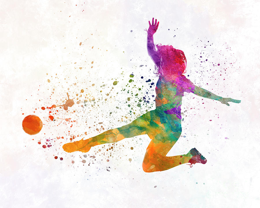 900x720 Woman Soccer Player 11 In Watercolor Painting By Pablo Romero - Soccer Player Painting