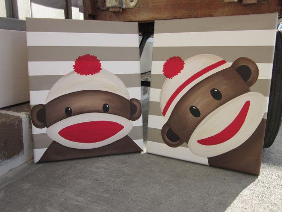 570x428 Sock Monkey Art Handpainted Paintings Set Wall By Lovefromdixie - Sock Monkey Painting
