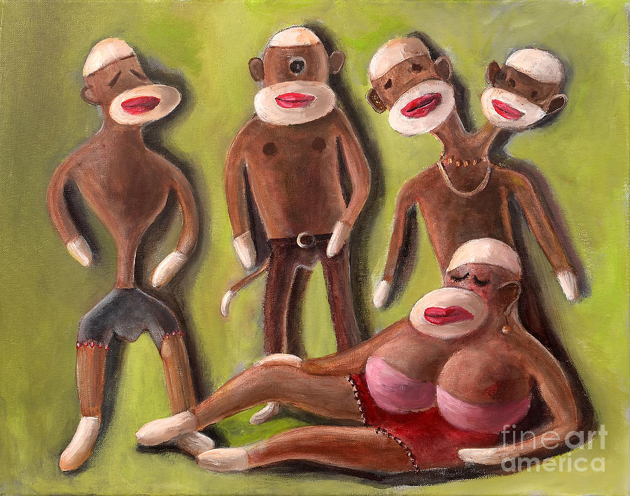 900x709 The Forgotten Sock Monkey Oddities Painting By Randy Burns - Sock Monkey Painting