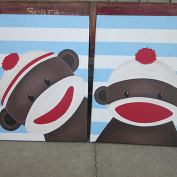 354x354 Custom Wood Family Name Sign - Sock Monkey Painting