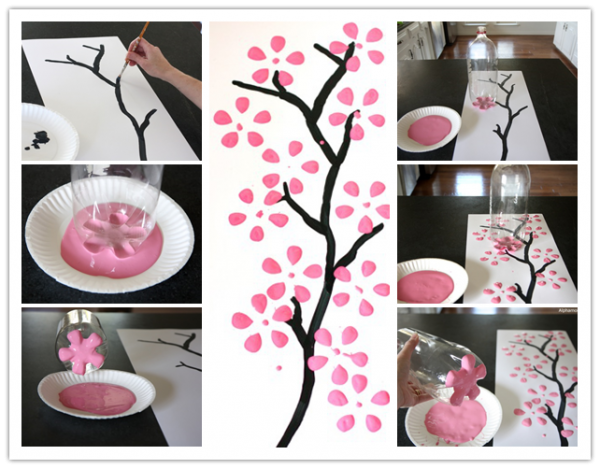 600x469 How To Paint Cherry Blossom Canvas Art With Recycled Soda Bottle - Soda Bottle Painting