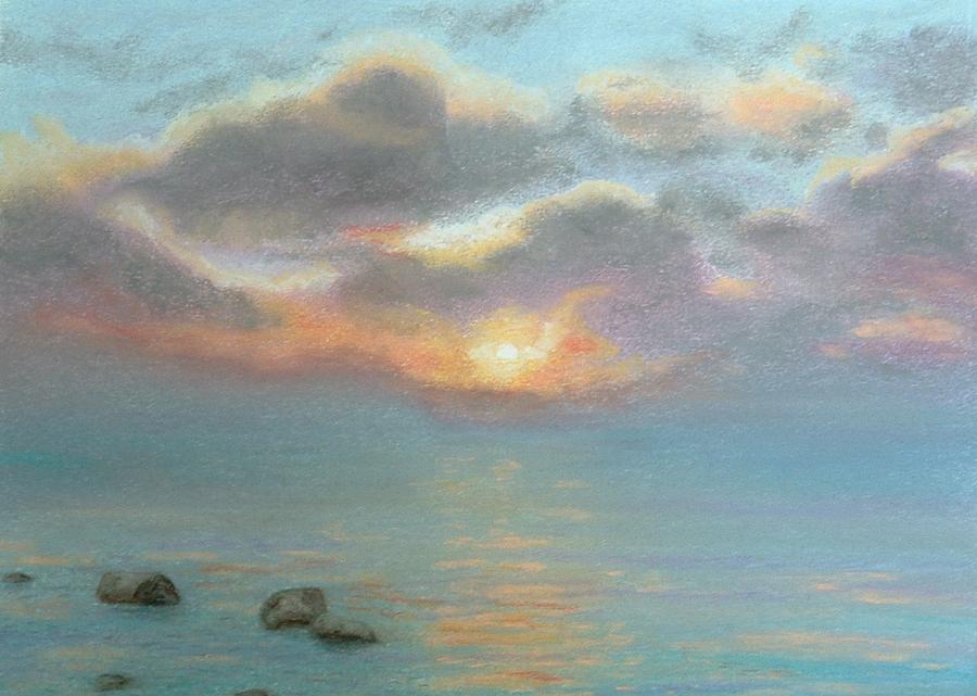 900x641 Stone Water Sunrise. Original Signed Soft Pastel Painting Painting - Soft Pastel Painting