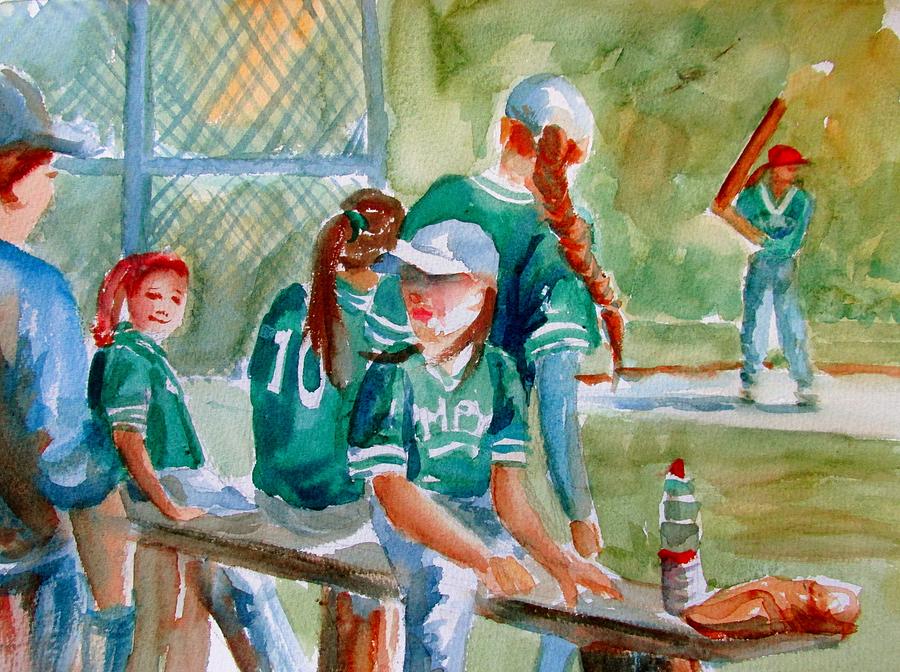 900x672 Softball Ponytails Painting By Linda Emerson - Softball Painting
