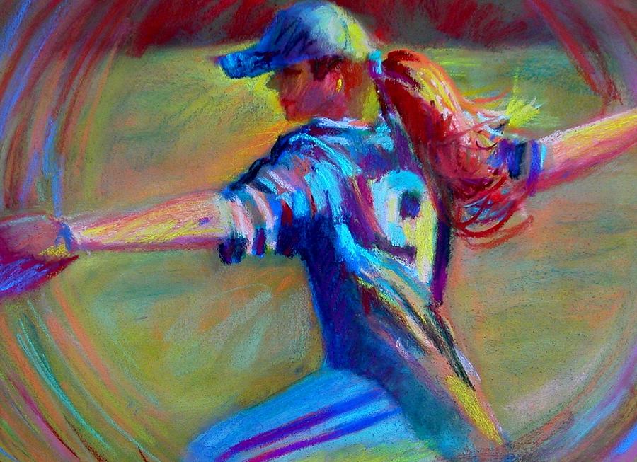 900x653 Girls Softball Pitcher Painting By Linda Emerson - Softball Painting