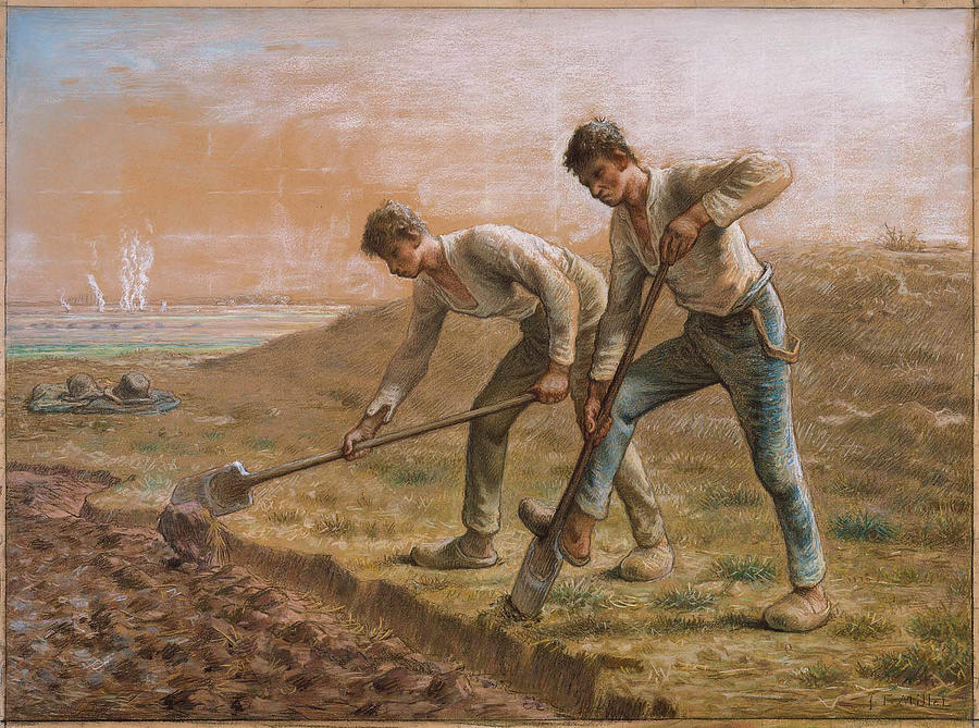 900x669 Two Men Turning Over The Soil Painting By Motionage Designs - Soil Painting