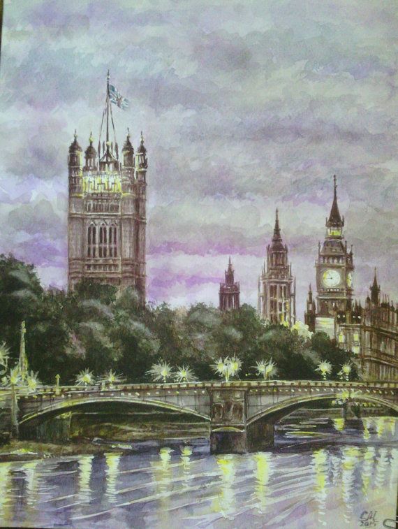 570x757 Original Watercolor Painting London Old English Landscape Painting - Sol Rubin Painting