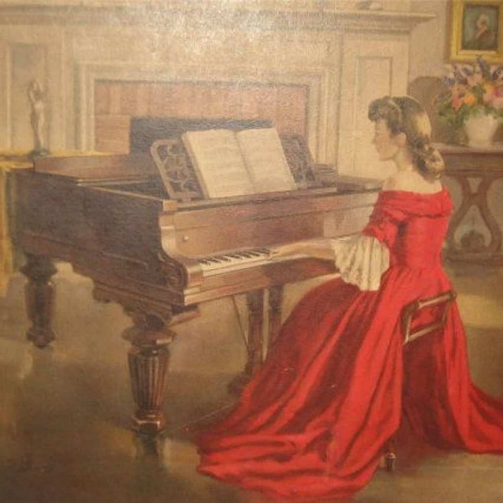 1024x1024 Piano Painting Lovely Signed Vintage Ditlef Sonata Lady In Red - Sonata Painting Woman Playing Piano