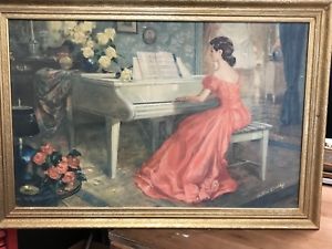 300x225 Vintage Antoni Ditlef Print Framed Lady In Red Dress Playing Piano - Sonata Painting Woman Playing Piano