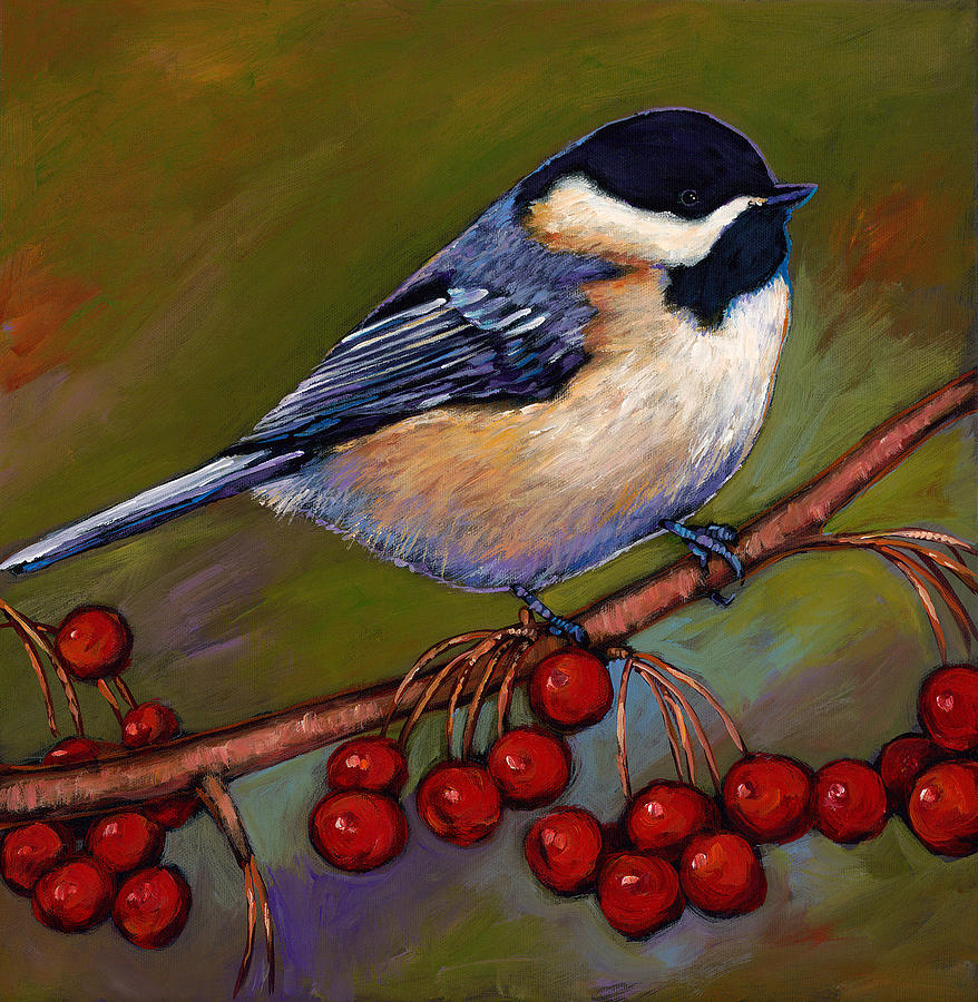 878x900 Cherries And Chickadee Painting By Johnathan Harris - Songbird Painting