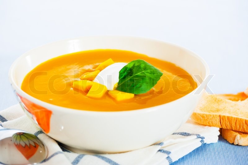 800x532 Pumpkin Soup With Cream In A Bowl With Painted Flower And Toast As - Soup Painting