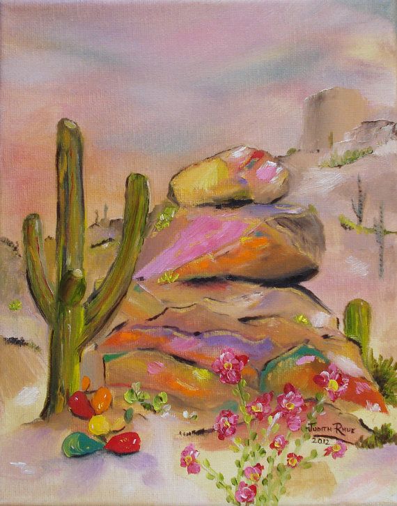570x726 Cactus Southwestern Rocks Boulders Landscape Oil Painting Art - Southwestern Painting