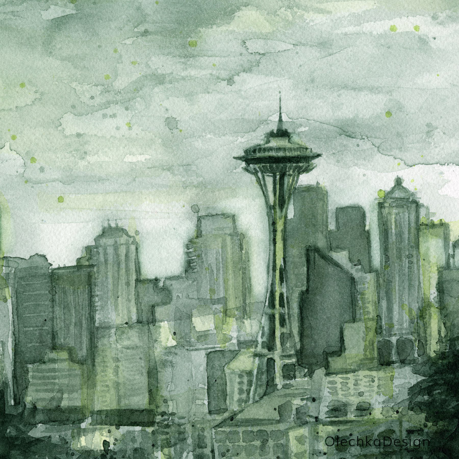 900x900 Seattle Skyline Painting Olechka Design - Space Needle Painting