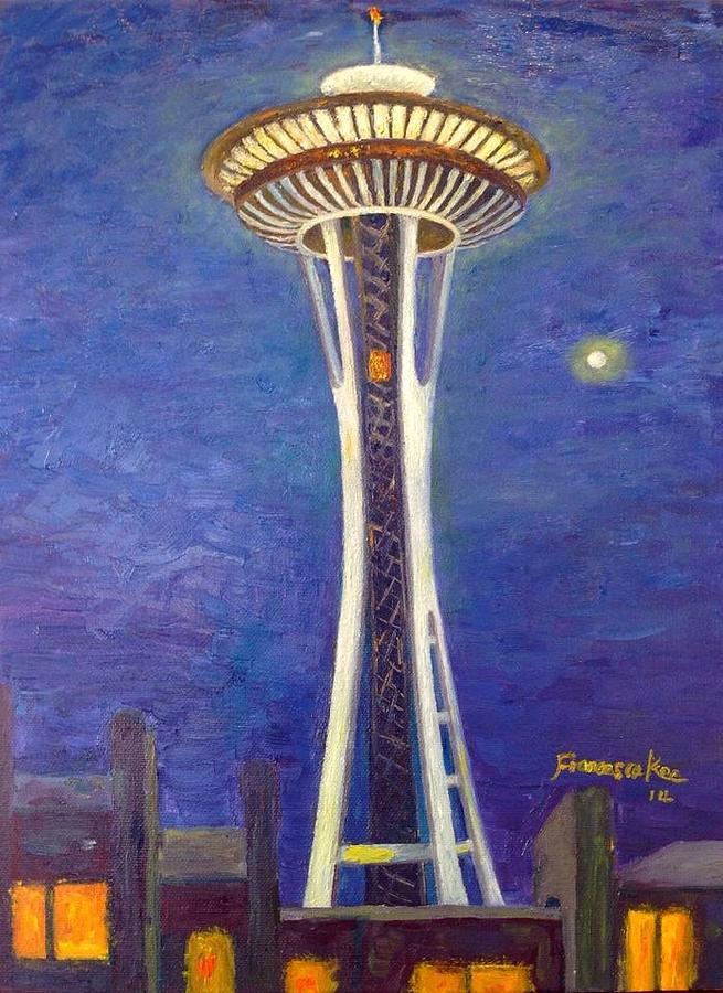 655x900 Space Needle At Night Painting By Francesca Kee - Space Needle Painting