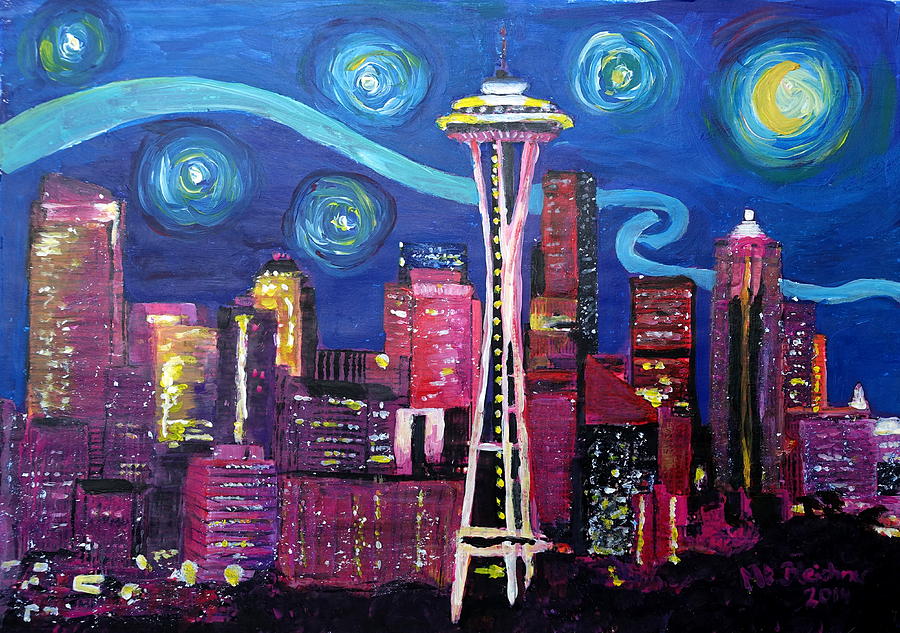 900x633 Starry Night In Seattle - Space Needle Painting