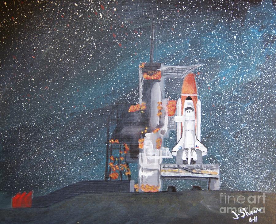 900x731 Space Shuttle Endevour On Launch Pad Painting By Justin Shaw - Space Shuttle Painting