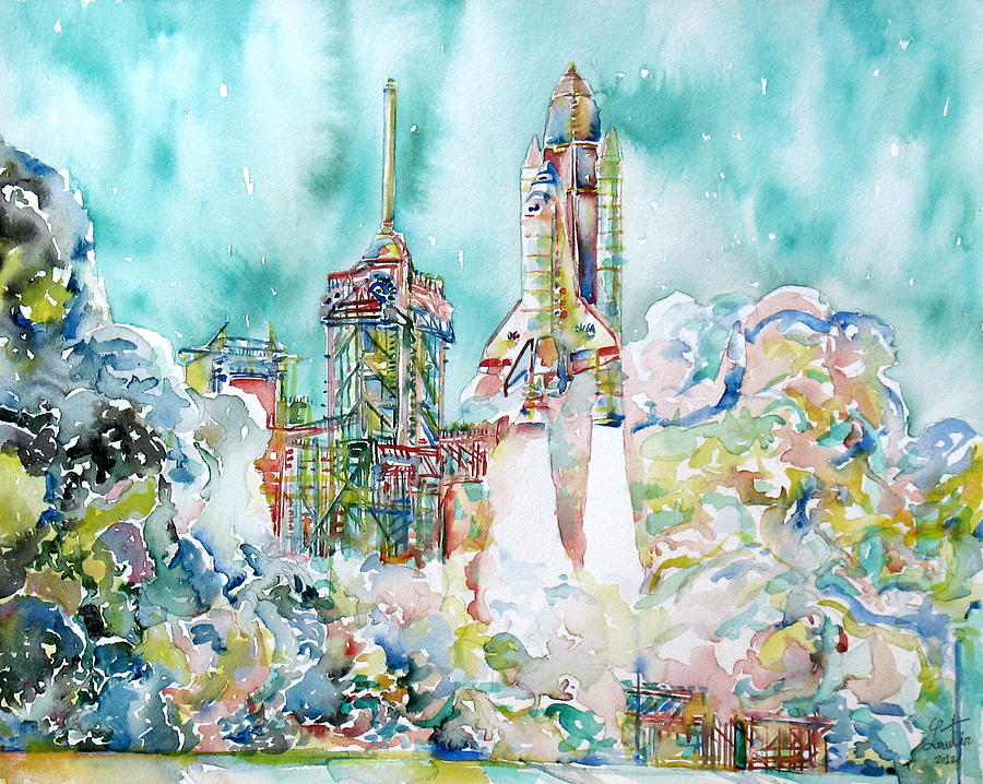 900x718 Space Shuttle Taking Off Watercolor Painting Painting By Fabrizio - Space Shuttle Painting